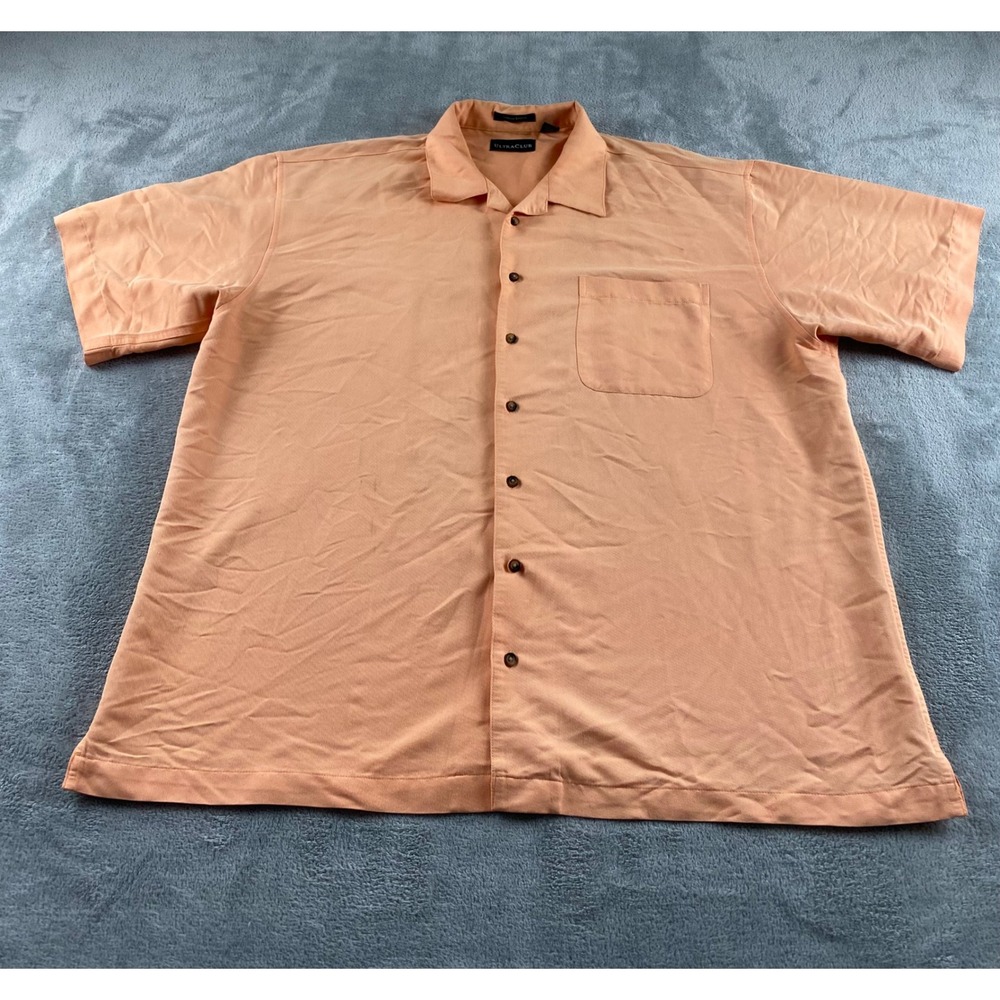 UltraClub Cabana Breeze Mens XL Peach Rayon Blend Short Sleeve Camp Shirt Pocket